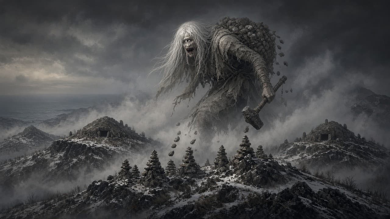The Cailleach leaping between hills, stones falling from her creel