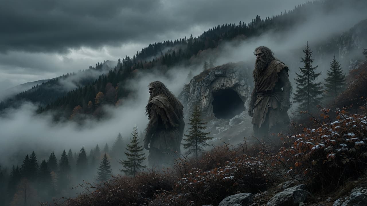 Two ispolini at a cave mouth in the Balkan uplands, autumn fog below