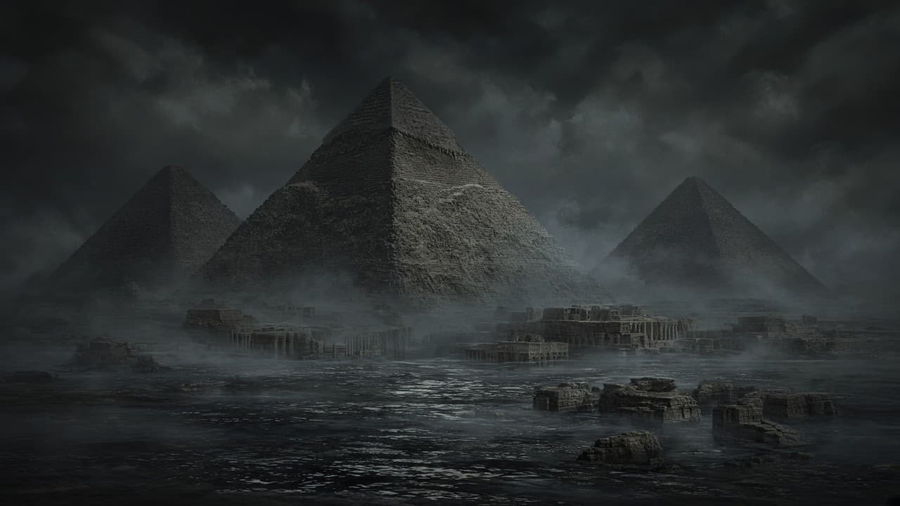 The Giza pyramids in flood, no giant king